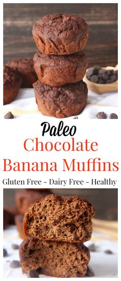 chocolate banana muffins stacked on top of each other with the title text overlay