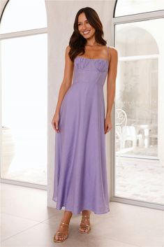 Length from bust to hem of size S: 116cm. Chest: 36cm, Waist: 32cm, across front only of size S. Maxi dress. Lined. Model is a standard XS and is wearing size XS. True to size. Non-stretch. Tie-up back. Underwire. Pleated top. Flowy skirt. Zipper with hook eye closure. Cold hand wash only. Polyester. Isn't she dreamy? The Giving Hugs Maxi Dress features a gorgeous tie-up back, an underwire to the top and a flowy skirt. Style with heels and curls for a 'fit we love! Dress Lilac, Skirt Zipper, Pleated Top, Pleat Top, Lilac Dress, Skirt Style, Flowy Skirt, Hook Eye, Lilac