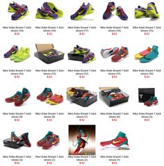 the price of nike shoes is shown in different colors and sizes, with prices for each pair