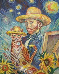 a painting of a man with a cat and sunflowers in front of him