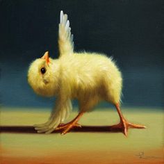 a painting of a chicken with wings on it's head and legs, walking