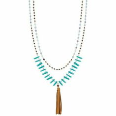 40" Long, Gold And Semi Precious Accents Aqua Pendant, Suede Necklace, Aqua Jewelry, Beaded Tassel Necklace, Suede Tassel, Fringe Necklace, Jewelry Beaded, Beaded Pendant Necklace, Necklace Beaded