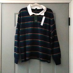 Unisex Nwt Wild Fable Striped Collared Shirt Size Large. This Shirt Is Brand New With Tags, Never Worn. The Colors Are Navy Blue, Green, Tan, And White. There Are Three Buttons At The Top. The Shirt Is Very Soft And Cute. Retro Striped Shirt, Blue Top With Striped Collar For Fall, Blue Tops With Striped Collar For Fall, Navy Long Sleeve Top With Striped Collar, Fall Thrift, Striped Collared Shirt, Cottagecore Blouse, Sweatshirts Hoodie Women, Black Button Up Shirt