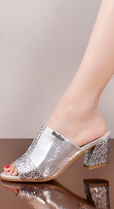 $49.90 - Cute silver heeled floral sparkle shiny mules. Those heels shoes are for elegant ladies, classy teens and modern fashion. Silver Glitter Heels, Block High Heels, Glitter Heels, Silver Heels