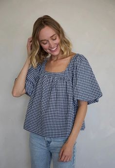 Our Janie top is 80% cotton blend and features puff sleeves, a square neck with an open back & adjustable tie detail. It has a relaxed flowy fit and can be worn true to your normal size. Casual Gingham Square Neck Top, Fitted Gingham Top With Smocked Back, Cotton Gingham Top With Button Closure, Retro Gingham Top With Button Closure, Spring Gingham Long-sleeve Top, Gingham Top, Gingham Tops, Dress Home, Puff Sleeve Blouse