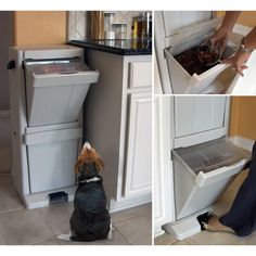 a dog sitting on the floor in front of an open dishwasher and looking at it