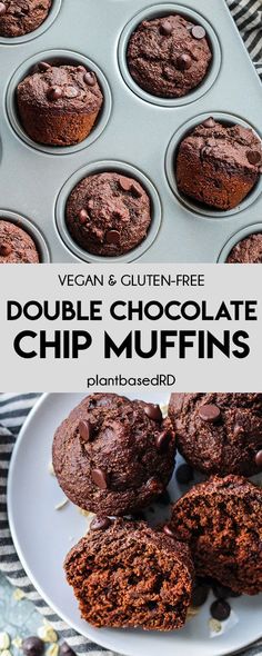 vegan and gluten free double chocolate chip muffins on a plate