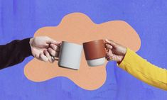 two people holding coffee mugs in their hands against a blue and pink background with an orange cloud