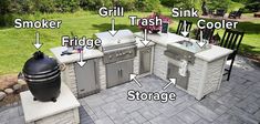 an outdoor kitchen with grill, sink, refrigerator and trash can labeled on the side