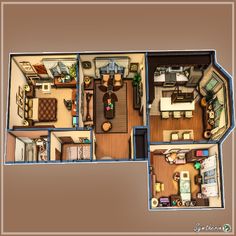 an overhead view of a three bedroom, two bath apartment with living room and dining area