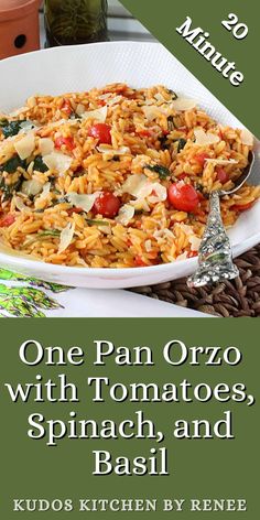 one pan orzo with tomatoes, spinach and basil is an easy dinner recipe