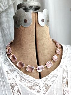 "Beautiful palest pink octagon crystals are like a ring of blushing roses around your neck. Each glass stone hand set and hand linked with high quality findings. Guaranteed to last a lifetime. Adjustable from 16 to 18\" with lobster claw and a 2\" extender. Each stone is 18 by 13mm, the perfect size to be seen and make a statement, but not too over the top big. Please see all of the photos for size reference. Beautiful for layering with my other pieces! Gift boxed and sent Priority mail. Need to Elegant Pink Rose Quartz Crystal Necklace, Adjustable Pink Jeweled Jewelry, Elegant Pink Jeweled Necklaces, Elegant Pink Crystal Necklace For Party, Elegant Pink Necklace With Jewels, Pink Crystal Jewelry With Jewels, Pink Faceted Beads Jewelry For Formal Occasions, Pink Formal Jewelry With Faceted Beads, Elegant Rose Quartz Beaded Necklace