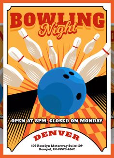 bowling night flyer with blue ball and pins in the middle, on an orange background