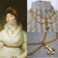 This golden Chain-and-anchor necklace is inspired by this 1790s portrait of Princess Augusta by William Beechey (https://www.rct.uk/collection/search#/5/collection/403416/princess-augusta-1768-1840) It features a heavy, figured gold-plated chain with prominent anchor pendant. The chains are arranged in a festoon style that creates draping swags. 16" long with a 3" extension chain. Nickel free. Elegant Yellow Gold Anchor-shaped Necklaces, Regency Princess, Regency Jewelry, Pearl Teardrop Earrings, Anchor Jewelry, Anchor Pendant, Halo Necklace, Anchor Necklace, Nautical Jewelry