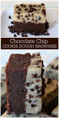 chocolate chip cookie dough brownies are stacked on top of each other, and one is cut in half