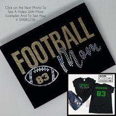 Be the best-dressed mom around with this glittery FOOTBALL MOM shirt!  A Number comes on the front and a name & number comes on the back of this shirt.  You personalize the shirt by choosing the shirt color and writing colors to match your team.  Sparkly glitter and non-glitter options are available.   PLEASE NOTE  This is done with a holographic vinyl that looks like rhinestones but they are actually FAUX RHINESTONES. They are super shiny and sparkly!! The bonus is, they DON'T fall off! The pictures don't do it justice, watch the VIDEO to see examples of how the shirts really shine! This shirt is done in Two Colors the FOOTBALL and the Number will be done in the color you choose from the drop-down box.    Mom and the actual football will be done in holographic silver vinyl. You do NOT hav Glitter Football Shirts, Writing Colors, Moms Night, Glitter Heat Transfer Vinyl, Football Mom Shirts, Holographic Vinyl, Glitter Gifts, Glitter Diy, Cheer Mom