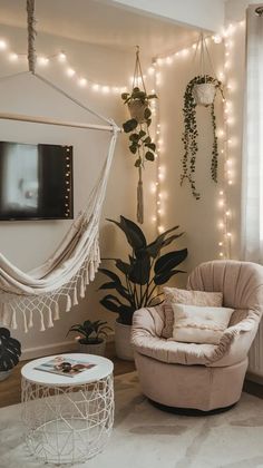 a living room filled with lots of plants and hanging decorations on the wall next to a hammock chair