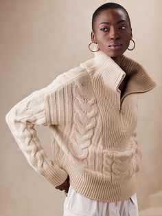 Eschewing classic cable knit designs in favor of more modern construction, this lofty, cable-knit sweater employs a half-zip closure for easy wear — our take on utilitarian luxury.  An exaggerated collar and relaxed body balances masculine and femi Neutral Knitwear, Knitwear Details, Khaki Sweater, Winter Knitwear, 1/4 Zip Pullover, Half Zip Sweaters, Color Block Sweater, Fall Sweaters, Zip Sweater