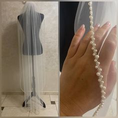 two pictures of a woman's hand with a veil and pearls on it