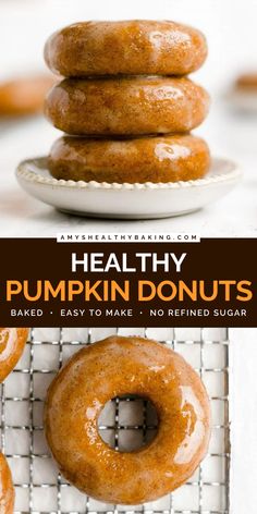 This fall breakfast idea is clean eating, low fat, and low sugar with gluten free and vegan options! It's a simple pumpkin recipe for baked donuts. Topped with a vanilla bean glaze, these Healthy Pumpkin Donuts are the BEST. You'd never guess they're only 36 calories each! Pumpkin Donuts Baked, Healthy Donuts Recipe, Allergy Diet, Vegan Bakes, Pumpkin Donuts Recipe, Gluten Free Pumpkin Spice, Pumpkin Doughnut, Xmas Baking, Healthy Donuts