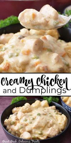 creamy chicken and dumplings in a skillet with broccoli on the side