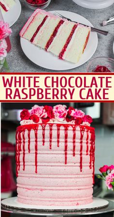 white chocolate raspberry cake with red glaze on top and flowers in the background