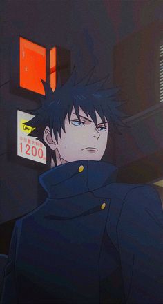 an anime character with black hair standing in front of a sign that reads 002