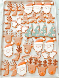 an assortment of decorated christmas cookies on a tray