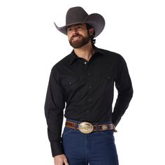 Men's Broadcloth Western Long Sleeve Shirt in Black by Wrangler 71105BKThe Wrangler® Western long sleeve broadcloth Authentic Sport Western Shirt is a basic for every man's closet. It's a true Western classic, with all of the Western details -- from snap cuffs to front and back yokes. Styling: Western Snaps Cuff: Three Snap Closure Collar: Spread Number of Front Pockets: Two Front Pocket Closure: Flap with Snap Front Pocket Style: Spade Back: Authentic Western Back Yoke Fabric: 55% Cotton / 45% Western Dress Shirts, Boys Cowboy Boots, Girl Cowboy Boots, Twisted X Boots, Men Closet, Slack Pants, Justin Boots, Western Shirt, Long Sleeve Shirt Dress