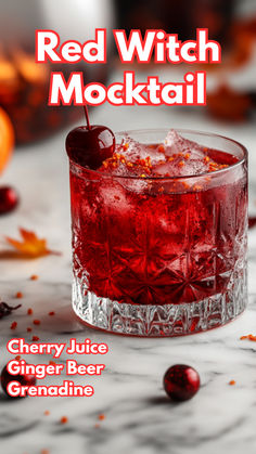 the red witch cocktail is garnished with cherries