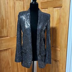 Perfect For Holiday Party And New Year’s Eve. Shiny Black And Silver Sequin Blazer. Glitter Outerwear For Party Season, Shiny Winter Party Outerwear, Glitter Long Sleeve Outerwear For Party, Glitter Long Sleeve Party Outerwear, Glitter Outerwear For Party Season And Night Out, Glitter Outerwear For Fall Party, Glitter Outerwear For Party Season Night Out, Fall Party Outerwear With Glitter, Glitter Outerwear For Night Out And Party Season