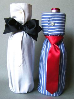 two wine bottles wrapped in fabric and tied together