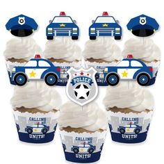 cupcakes decorated like police cars with white frosting