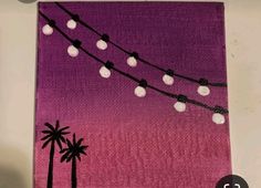 a purple and black painting with white balls hanging from it's sides, next to a palm tree