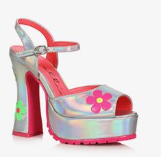 This is a listing for a new pair of 5" Silver/Pink Platform Retro Heels. These heels are made by Ellie Shoes and the style name is 557-Daisy.   Available colors: Silver, Brown, White Available sizes: US woman's sizes 6, 7, 8, 9, 10 Use the drop down menus above to select your color and size. If you need help converting your international shoe size, please refer to the manufacturer's shoe size conversion chart below. **Easy 30 Day Returns Manufacturer's International Shoe Size Conversion Chart  The shoe size conversion chart serves as a guide to help you determine the sizing equivalent of our products in different parts of the world. Please note that the actual sizing may differ slightly from the chart as the size conversions listed are APPROXIMATE - there is no universally accepted interna 70s Sandals, 60s Heels, Hippie Halloween Costume, Halloween Costume Shoes, Disco Shoes, Hippie Costume Halloween, Hoco Inspo, Retro Heels, Hippie Halloween