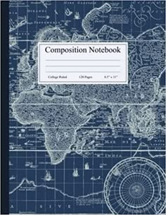 the composition notebook with blueprinted world map and compass on it, in front of a black background