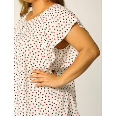 This chiffon polka dot blouse will be your new favorite layering piece. A beautiful ruffle sleeves and polka dot let the blouse look feminine and classic that effortlessly dresses up or down for any occasion. The material is soft and lightweight. The detail of neckline design is exquisite. You can dress this up or pair it with jeans and sandals. Casual Swiss Dot Blouse, Casual Polka Dot Swiss Dot Top, Chiffon Floral, Round Neck Top, Neckline Designs, Plus Size Summer, Round Neck Tops, Polka Dot Blouse, Ruffle Sleeves