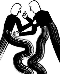 two people are touching each other's hands in black and white ink on paper