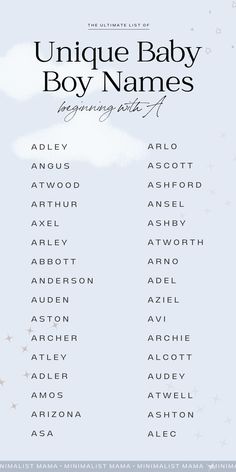 the unique baby boy names are displayed in this poster, which includes stars and clouds