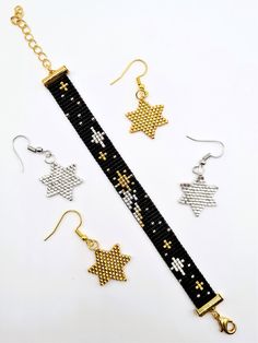 Gorgeous miyuki beads women's bracelet & earring set with a star design. Black bracelet with falling stars made of miyuki delica 11/0 beads. Colours used are 24kt gold plated and sterling plated. This bracelet is handmade on a beadingloom and is adjustable in length. You can choose a silver or gold plated clasp.  The earrings are hand woven together and are specially made to match the bracelet. The same colour of beads have been used to match it perfectly. The bracelet is finished with a silver Beaded Star, Star Earring, Matching Bracelet, Star Bracelet, Black Bracelets, Miyuki Beads, Delica Beads, 24kt Gold, Cute Bracelets