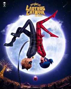 the poster for ladybug cat noir is shown in front of a full moon