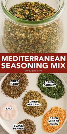 the ingredients for mediterranean seasoning mix on a white plate