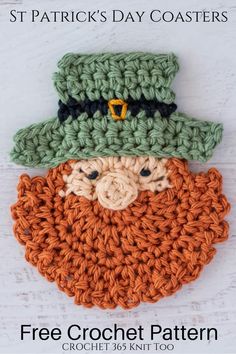 crochet pattern for st patrick's day coasters featuring a green hat and beard