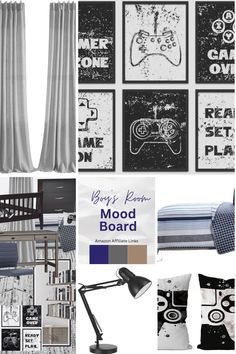 black and white bedroom mood board with various items in the room, including curtains, bedding