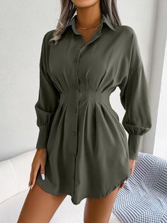 F00129389-203 Short Shirt Dress, Pleated Shirt Dress, Dress Asymmetrical, Asymmetric Dress, Pleated Shirt, Lantern Sleeve Dress, Jumpsuit Outfit, Mini Robes, Dress Shirt Sleeves