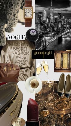 a collage of various items including shoes, purses, and other things in black and white