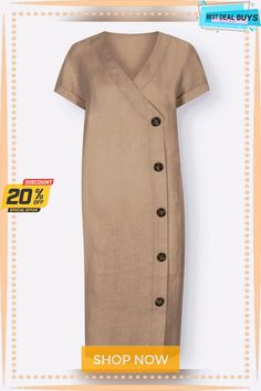 Button Linen Casual Plain Loose Dress Beige Linen Button-up Dress For Summer, Beige Button-up Linen Dress For Summer, Fitted Knee-length Linen Dress With Button Closure, Knee-length Linen Midi Dress With Button Closure, Casual Knee-length Linen Dress With Button Closure, Linen Casual, Loose Shorts, Loose Dress, Neck Pattern