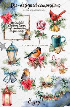 watercolor christmas clipart set with ornaments, bells and birds for commercial use in design projects