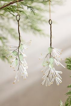 two ornaments hanging from a tree branch with pine needles and beads attached to the branches