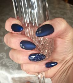 Starry Gel Nails, Star Night Nails, Night Court Inspired Nails, Blue Prom Nails Almond, Gothic Blue Nails, Starry Night Nail Designs, Blue Starry Nails, Blue Star Nails, Starry Night Nails